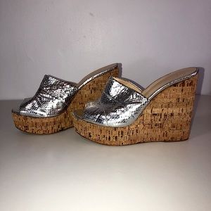 Giuseppe Zanotti Metallic Silver Embossed Snakeskin Cork Wedge Sandals Size 9